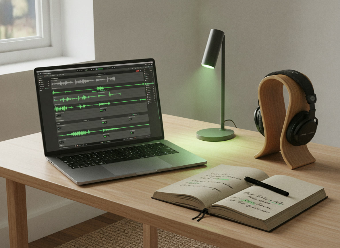 A laptop showing waveforms and track metadata on a studio desk
