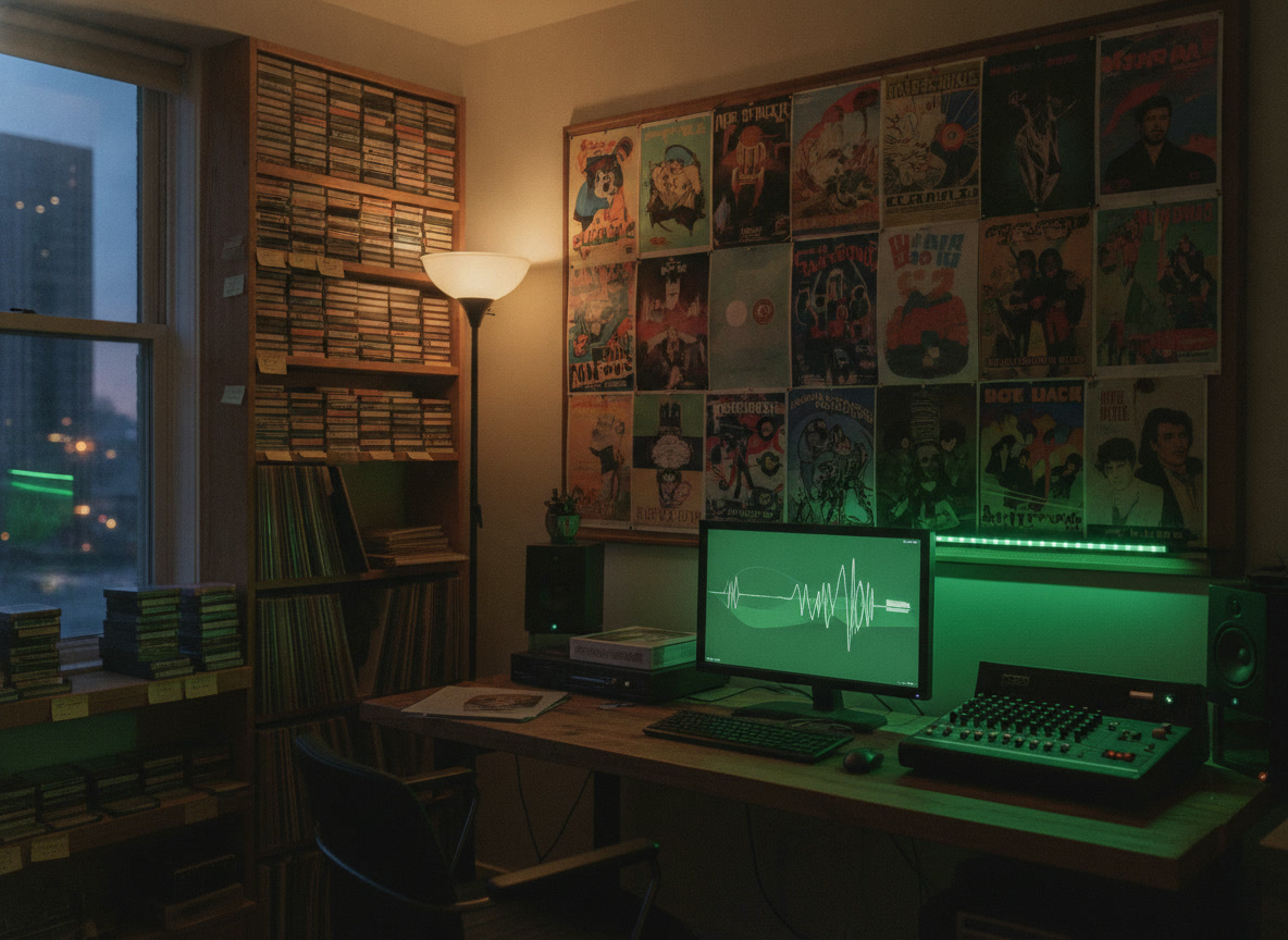 A small record label office with shelves of tapes and records