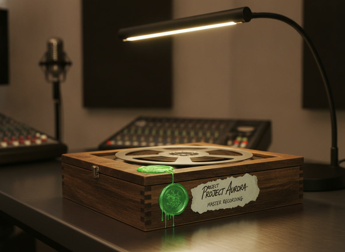 A master tape reel with a wax seal on a studio desk